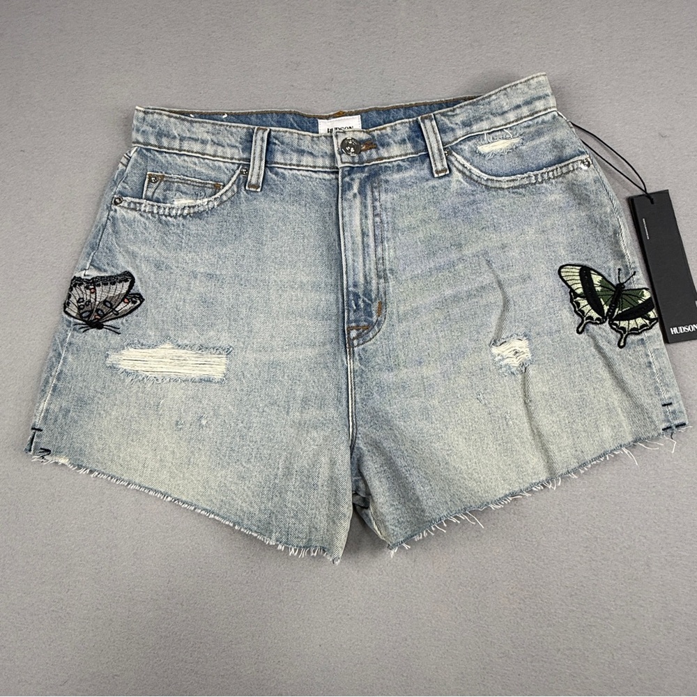 NWT Hudson Sade Butterfly Embroidered Distressed Denim Shorts 31